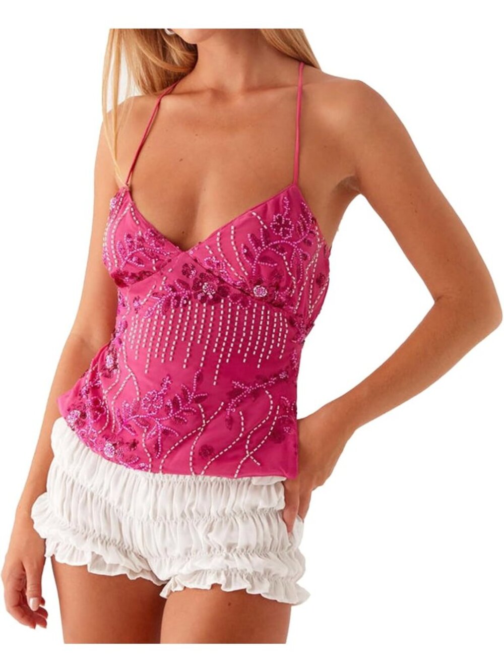 Sequin Beaded Cami Top - V Neck Backless Criss Cross Straps Crop Top for Summer